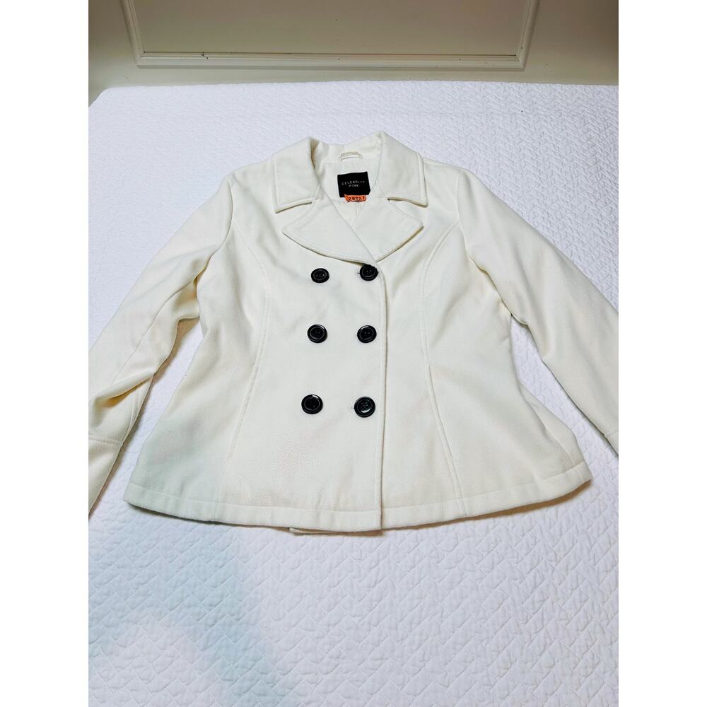 Women’s White CELEBRITY PINK Long Sleeve Double Breasted Pea Coat   - LARGE